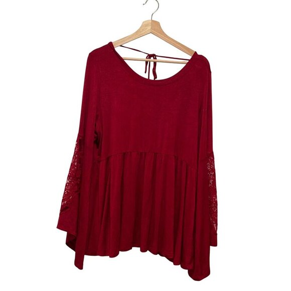 Torrid Baby Doll Top Womens 2x Burgundy Lace Sleeve Stretch asymmetrical hem - Picture 1 of 9